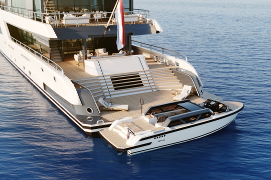 Amels 60 yacht for sale - swim platform with tender