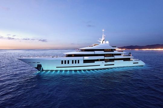 ISA Project Amarcord 80m for sale - at anchor by night