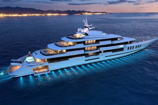 ISA Project Amarcord 80m for sale - at anchor by night 2