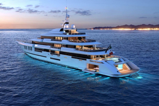 ISA Project Amarcord 80m for sale - at anchor by night 3