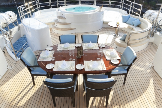 Motor Yacht Harmony III Benetti for charter - sundeck dining and jacuzzi