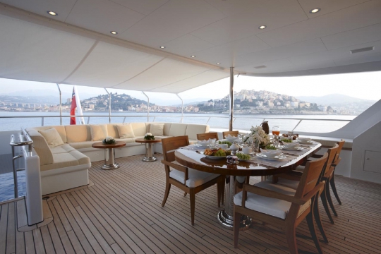 Motor Yacht Kathleen Anne Feadship for charter - bridge deck dining